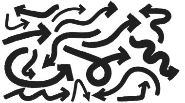 Beyaz arka planda izole edilmiş ince siyah oklar içinde el çizimi tebeşir ve kömür ok karalama koleksiyonu