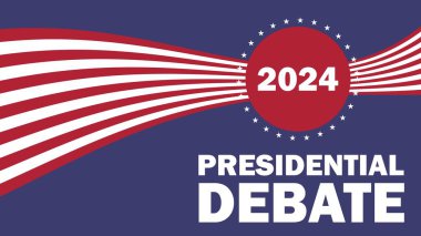 Başkanlık Müzakeresi 2024 vektör pankartı tasarımı ABD bayrak tema renkleri, yıldızlar ve çizgiler.