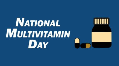 Yatay arkaplan üzerinde geometrik şekiller ve canlı renklere sahip Ulusal Çoklu Vitamin Günü vektör pankartı tasarımı.