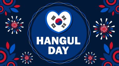 Yatay arkaplan üzerinde geometrik şekiller ve canlı renklerle Güney Kore Hangul Günü vektör pankartı tasarımı.
