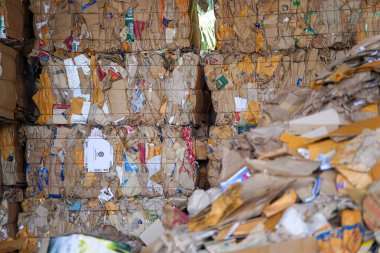 Compressed piles of cardboard and sorted for recycling in waste processing plants.