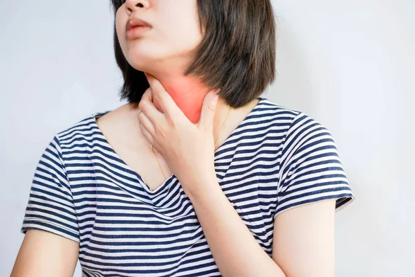 A woman has throat pain or discomfort when swallowing.