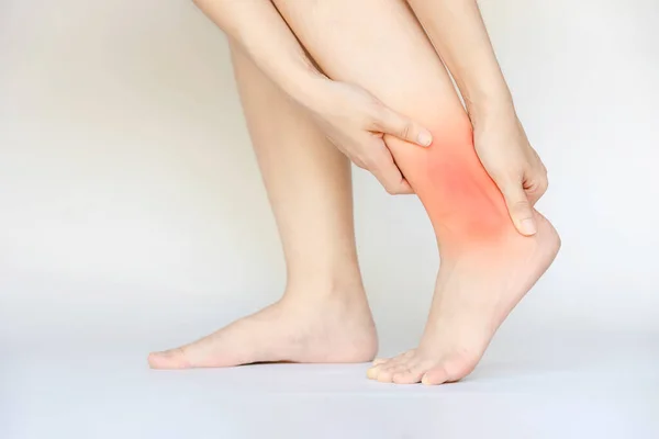 A woman\'s ankle pain on a white background.