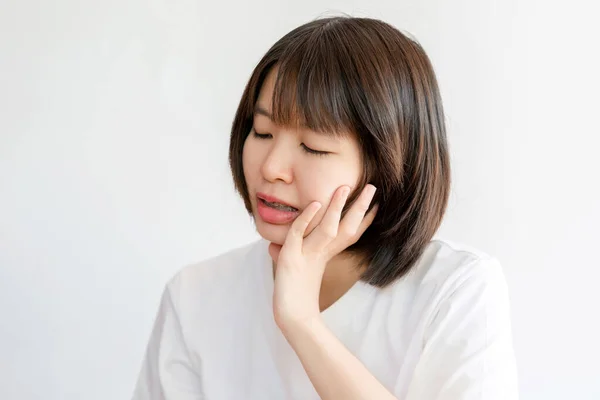 Woman Touches Her Cheek Showing Pain Due Toothache — Stock Photo, Image