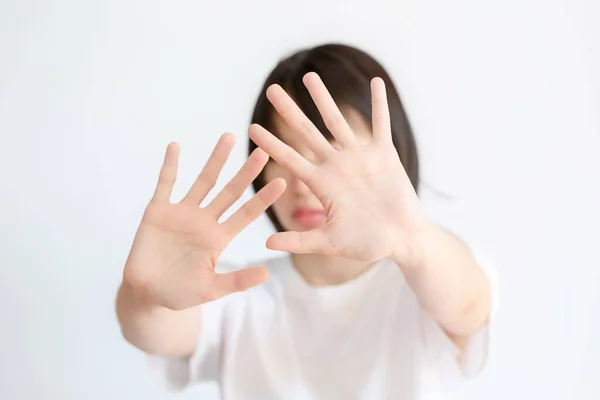 Woman Raised Her Hand Refusal Due Disgust Thing — Stock Photo, Image