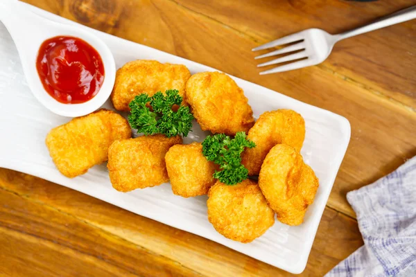 Appetizing Fried Chicken Nuggets White Plate Restaurant Top View — Stock Photo, Image