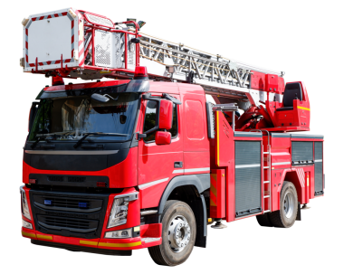 İtfaiye ve kurtarma operasyonları için tasarlanmış merdivenle donatılmış parlak kırmızı bir itfaiye aracı..