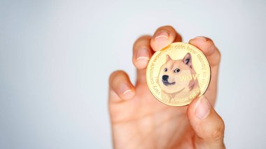 Bir el, şifreleme ve popüler dijital varlıkları temsil eden Shiba Inu 'nun yer aldığı altın bir Dogecoin' i tutuyor..