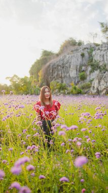 Kırmızı tepeli bir kadın, parlak bir gökyüzü altında, kayalık arazi ve yemyeşil ile çevrili mor çiçeklerin arasında gülümsüyor..