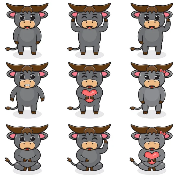 Vector Illustration Set Von Buffalo Cartoon Bündel Von Niedlichen Büffel — Stockvektor