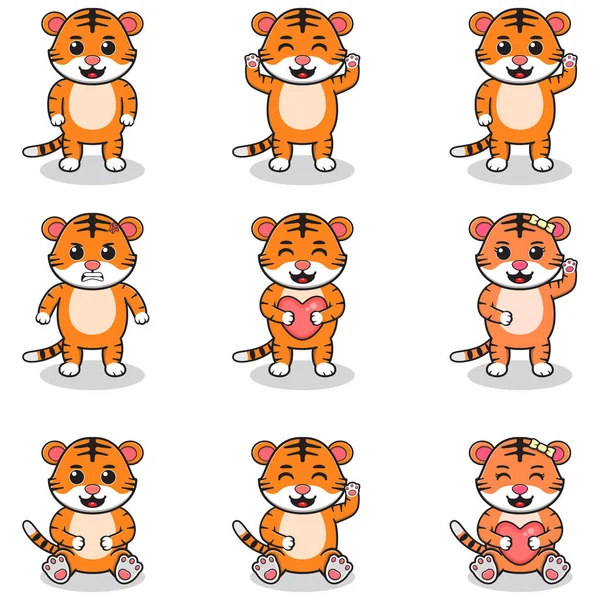 タイガー漫画のベクトルイラストセット かわいいタイガーセットのバンドル 動物のセット 漫画やベクトル孤立文字 子供風の動物集 — ストックベクタ