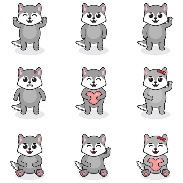 野狼卡通画的矢量图集 一群可爱的狼群一组动物 卡通和矢量隔离字符 一套孩子们喜欢的动物 — 图库矢量图片