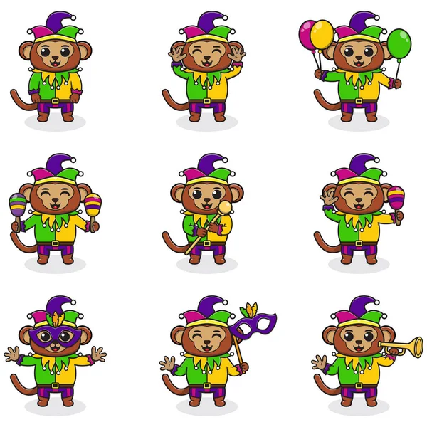 Vector Illustration Monkey Wearing Mardi Gras Clothes Different Poses Isolated — Stock Vector