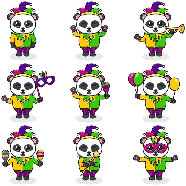 stock vector Vector illustration Panda wearing mardi gras clothes in different poses isolated on white background. A cartoon illustration of a Mardi Gras Panda . Mardi Gras jester, set.