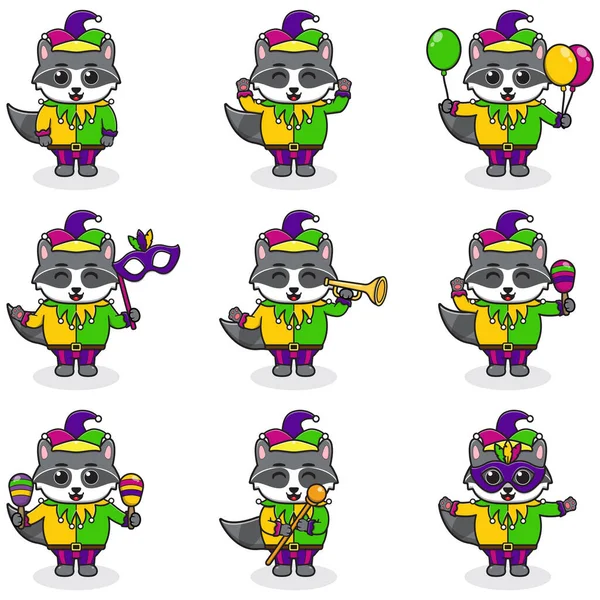 Vector Illustration Raccoon Wearing Mardi Gras Clothes Different Poses Isolated — Stock Vector
