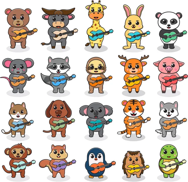 Set of cute cartoon animals with Guitar. Vector collection funny animals. Illustration set with different animals. Animals playing music instruments. Cartoon animal play music.
