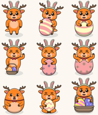 Deer Happy Easter. Cute Deer on the Easter theme in cartoon. Vector illustration. Isolated on white background. Easter holiday vector set.