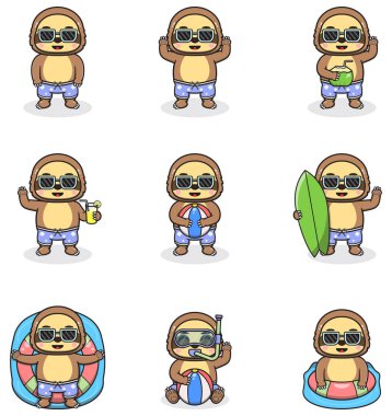 Yaz sevimli Tembel Hayvan vektör illüstrasyonu. Düz Tembel Yaz Çizgi Filmi. Pankart için grafiksel çizgi film karakteri, yaz temalı illüstrasyonda çıkartma reklamları. Yaz tatili konsepti tasarımı.