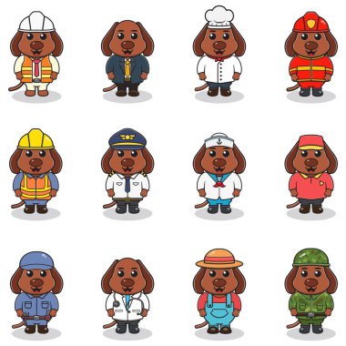 Farklı meslekleri olan şirin bir köpek sürüsü. Çizgi filmdeki farklı meslek üniforması giymiş şirin köpek. Farklı meslekleri olan vektör karakterler.