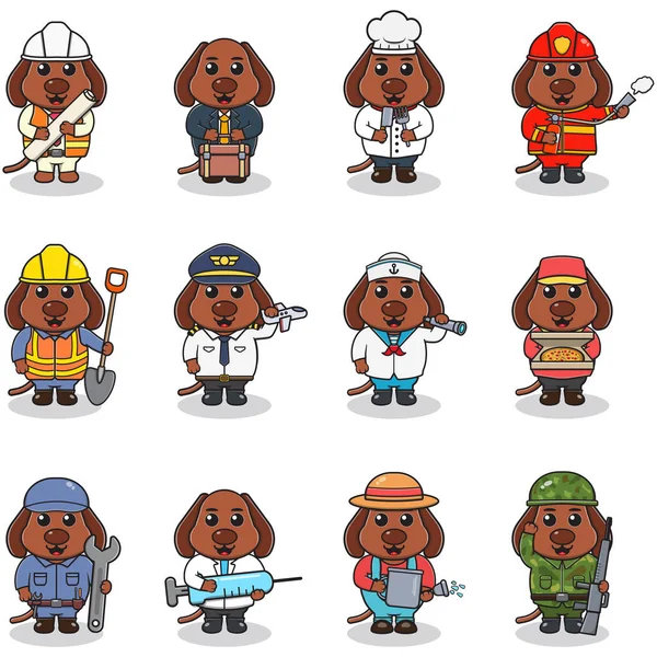 Cartoon Dog Berufskleidung Vektor Set Von Hund Verschiedenen Berufen Vektorcharaktere — Stockvektor