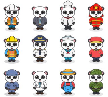 Farklı meslekleri olan bir grup şirin panda. Çizgi filmdeki şirin panda farklı meslek üniforması giymiş. Farklı meslekleri olan vektör karakterler.