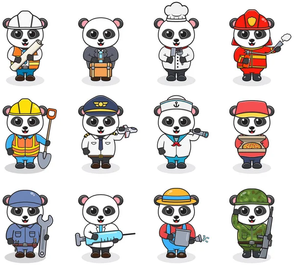 stock vector Cartoon Panda in professional uniform. Vector set of Panda different professions. Vector characters with jobs different occupation. Different jobs professionals. Isolated vector icons set