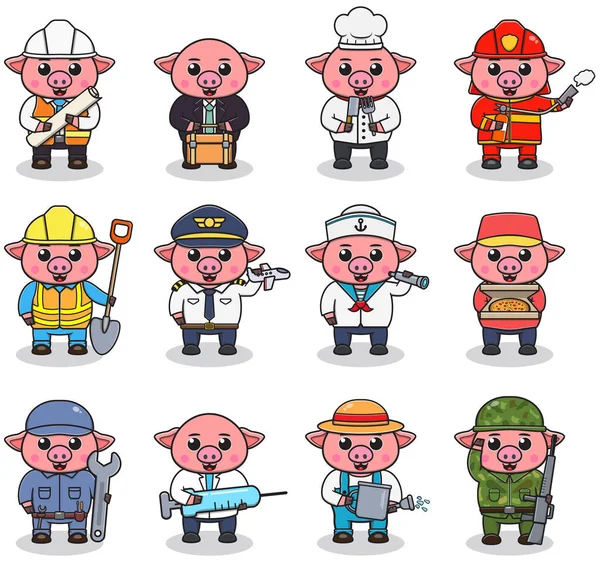 Cartoon Pig Berufskleidung Vektorsatz Von Schweinen Verschiedener Berufe Vektorcharaktere Mit — Stockvektor