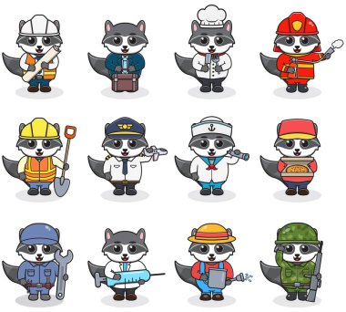 Farklı meslekleri olan sevimli rakun sürüsü. Çizgi film karakteri, farklı meslek üniforması giymiş şirin bir rakun. Farklı meslekleri olan vektör karakterler.