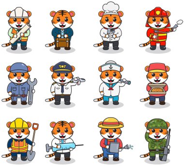 Cartoon Tiger in professional uniform. Vector set of Tiger different professions. Vector characters with jobs different occupation. Different jobs professionals. Isolated vector icons set clipart