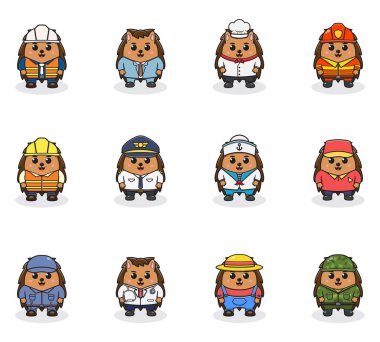 Farklı meslekleri olan şirin kirpi sürüsü. Farklı meslek üniforması giymiş şirin bir kirpi çizgi filmi. Farklı meslekleri olan vektör karakterler.