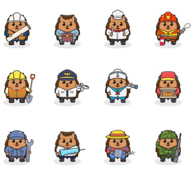 Profesyonel üniformalı Kirpi çizgi filmi. Kirpi farklı mesleklerin vektör seti. Farklı meslekleri olan vektör karakterler. Farklı mesleklerden profesyoneller. İzole vektör simgeleri ayarlandı