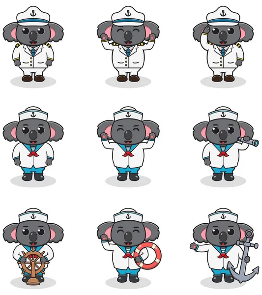 Αστείοι Ναύτες Koala Που Χαριτωμένο Χαρακτήρες Koala Captain Καπέλο Εικονογράφηση — Διανυσματικό Αρχείο