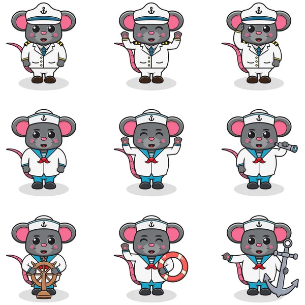 Funny Mouse Matrosen Eingestellt Niedliche Mausfiguren Captain Cap Cartoon Vektor — Stockvektor