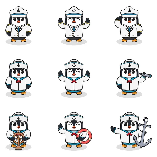 Vtipný Námořníci Tučňáků Roztomilé Tučňák Znaky Kapitán Čepice Kreslený Vektor — Stockový vektor