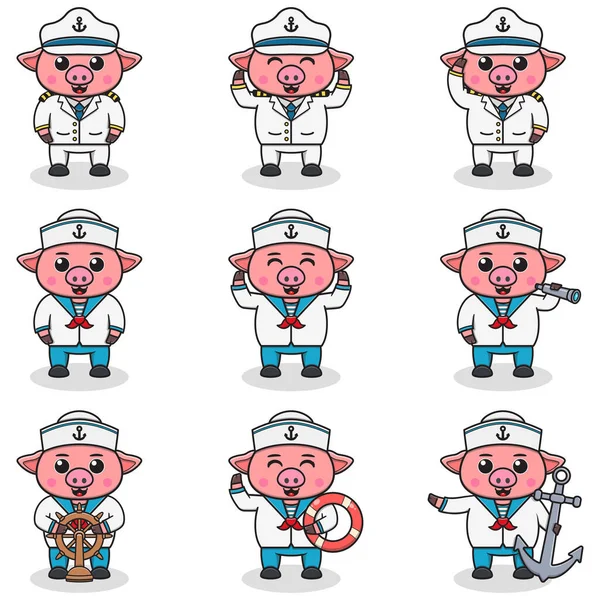 Divertenti Marinai Maiali Carino Maiale Personaggi Capitano Cap Cartone Animato — Vettoriale Stock