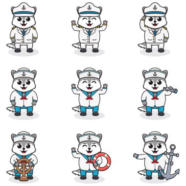 Komik kurt denizciler seti. Kaptan çizgi film vektör illüstrasyonundaki sevimli Kurt karakterleri. Küçük sevimli denizciler vektör çizimi seti. Sevimli komik hayvan denizciler..