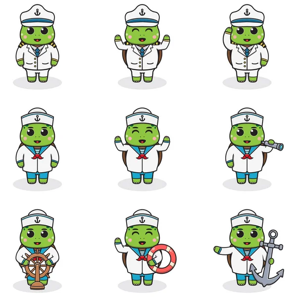 Vtipný Námořníci Turtle Roztomilé Želvy Postavy Kapitán Čepice Kreslený Vektor — Stockový vektor