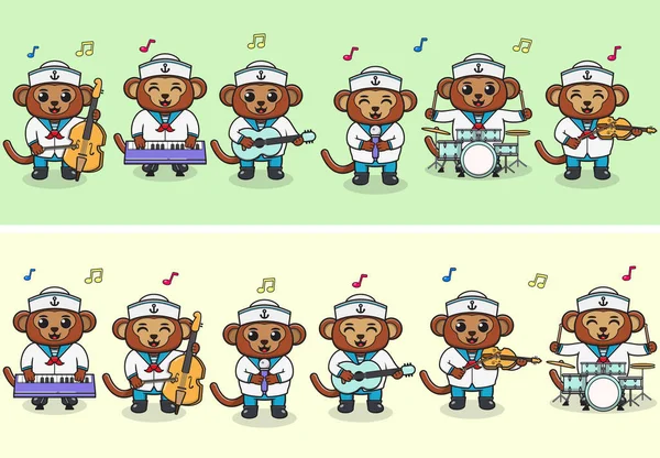 Vector Illustration Von Cute Monkey Matrosen Musikkapelle Große Menge Von — Stockvektor