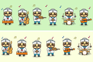 Şirin Tembel Denizciler Müzik Grubu 'nun Vektör İllüstrasyonu. Meslek olarak bir sürü sevimli hayvan çizgi filmi. Tembel çizgi film düz stili.