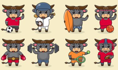 Üniforma giyen ve spor malzemesi kullanan Buffalo takımı. Egzersiz yapan komik hayvanlar. Beyaz arkaplanda izole edilmiş sevimli çizgi film karakter vektörü seti. Çizgi film hayvan sporu. Bufalo çizgi filmi. 