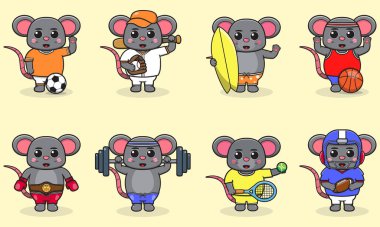 Fare takımı üniforma giyiyor ve spor ekipmanları kullanıyor. Egzersiz yapan komik hayvanlar. Beyaz arkaplanda izole edilmiş sevimli çizgi film karakter vektörü seti. Çizgi film hayvan sporu. Fare çizgi filmi. 