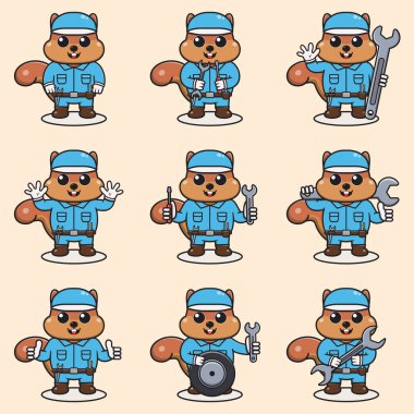 Maskot çizgi filmi, tamirci üniforması ve şapka giyen şirin bir sincap. Şirin Sincap çizimi. Karakter hayvanı. Mekanik çizgi film seti. İzole edilmiş arkaplanda vektör illüstrasyonu. 