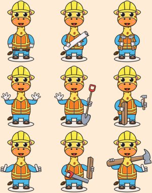 Şirin Zürafa İnşaat Müteahhitliği İllüstrasyonu. Şirin bir bina ustabaşı zürafanın vektör çizimi. Şirin zürafa inşaat işçisi çizgi filmi. Düz Çizgi Film Biçimi.