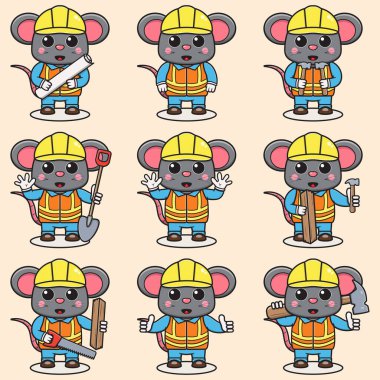 Şirin Fare İnşaat Müteahhit İllüstrasyonu. Şirin bir bina ustabaşı Fare 'nin vektör çizimi. Şirin Fare inşaat işçisi çizgi filmi. Düz Çizgi Film Biçimi.