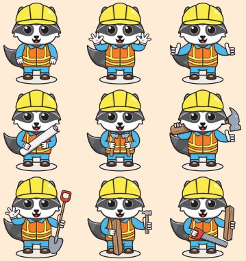 Şirin Rakun İnşaat Müteahhitliği İllüstrasyonu. Şirin bir binanın ustabaşı olan Rakun Şirin Rakun inşaat işçisi çizgi filminin temsilcisi. Düz Çizgi Film Biçimi.