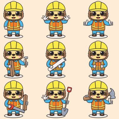 Şirin Tembel İnşaat Müteahhit İllüstrasyonu. Şirin bir binanın ustabaşı Sloth 'un vektör çizimi. Şirin Sloth inşaat işçisi çizgi filmi. Düz Çizgi Film Biçimi.