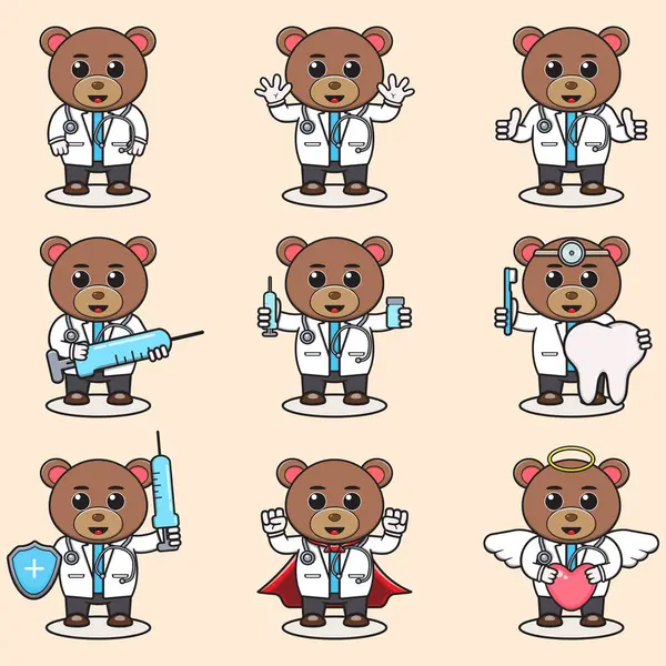 Vector Illustration Von Cute Bear Cartoon Mit Doktor Kostüm Set — Stockvektor
