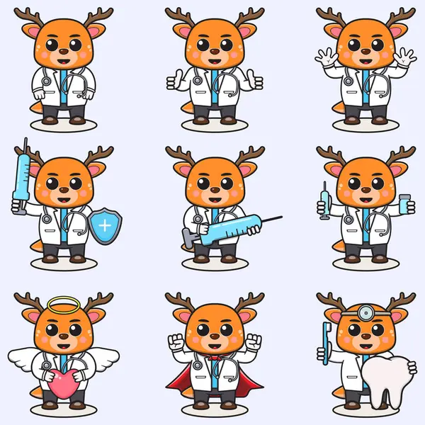 Vector Illustration Von Cute Deer Cartoon Mit Doktor Kostüm Set — Stockvektor