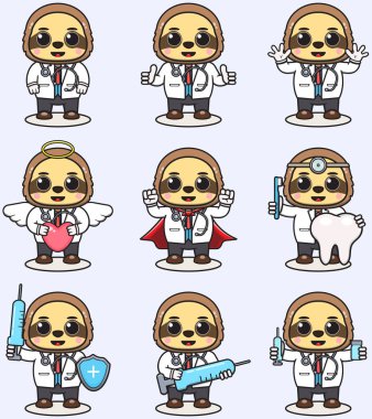 Doktor kostümlü Şirin Sloth çizgi filminin Vektör İllüstrasyonu. Bir dizi şirin tembel karakter. Küçük komik Tembel Hayvan Koleksiyonu.