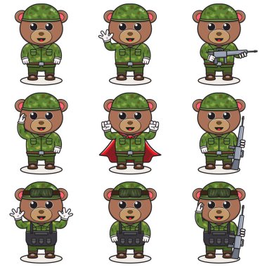 Kamuflaj üniformalı sevimli ayı asker. Çizgi film komik Ayı asker karakteri miğferi ve yeşil üniforması farklı pozisyonlarda. Komik Hayvan Vektörü illüstrasyon Kümesi.